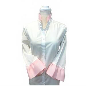 NEW PEARLY VINE women's barbara ann ribbon trim shirt in white/blush